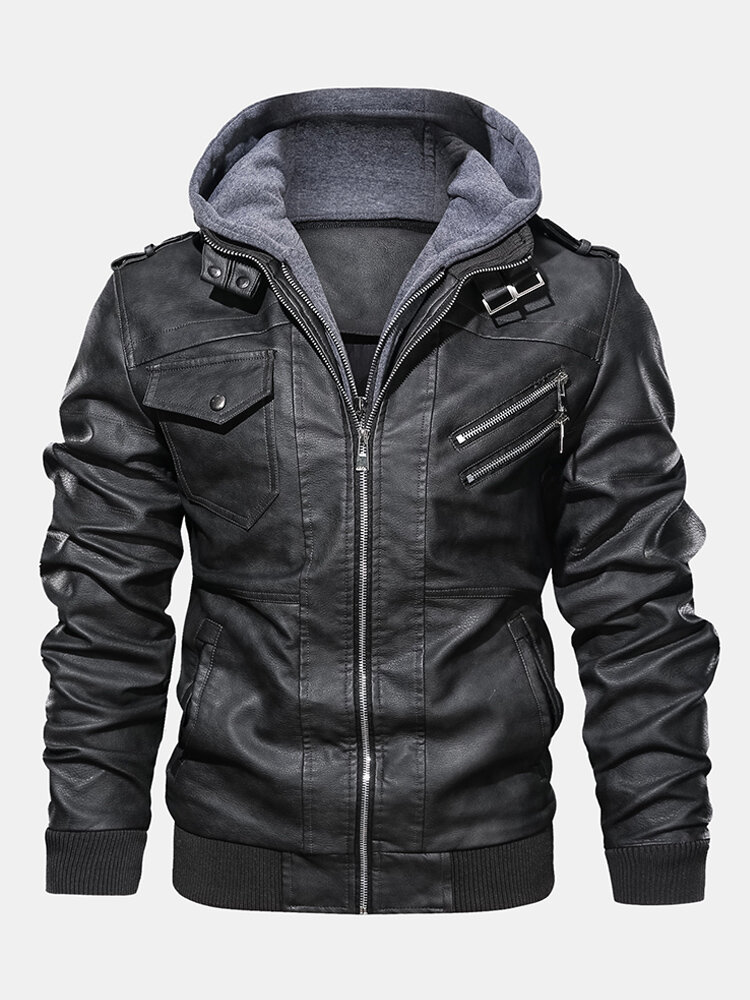 Mens Winter Fashion Long Sleeve Multi-zip PU Leather Hooded Jacket