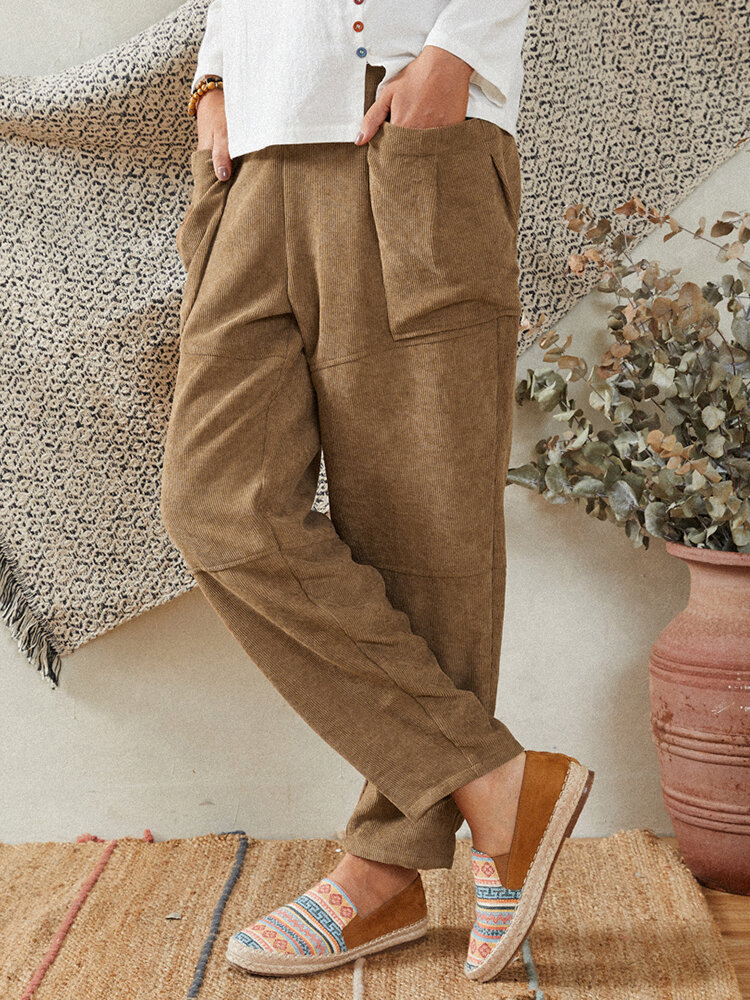 Corduroy Solid Color Pockets Elastic Waist Casual Pants For Women