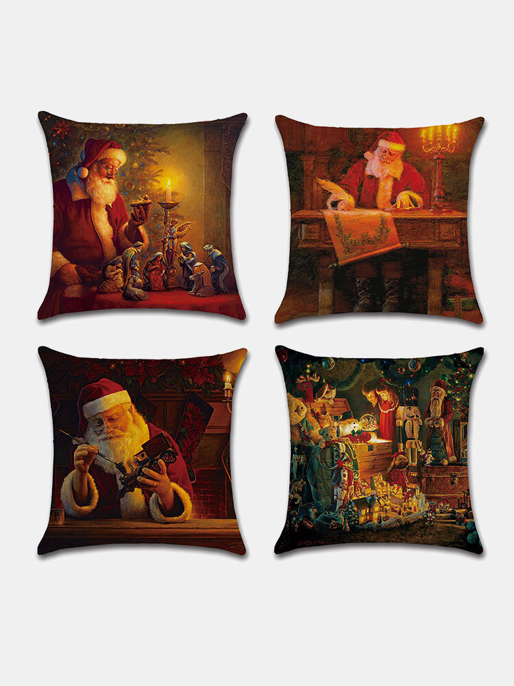 4 Pcs A Set Christmas Santa Claus Pattern Linen Cushion Cover Home Sofa Art Decor Soft Throw Pillow Cover Pillowcases