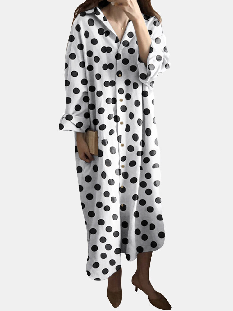 

Polka Dots Printed Long Sleeves Turn-down Collar Dress With Side Pocket, Black;white