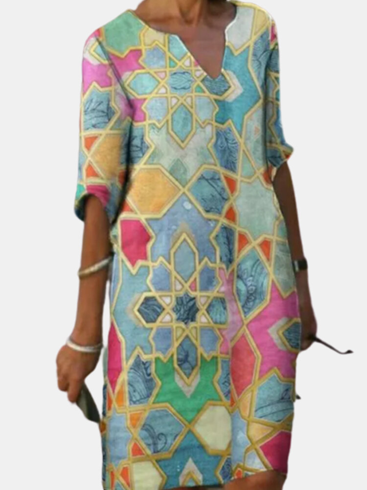 Color Blocks Print Patchwork V-neck Half Sleeve Plus Size Dress