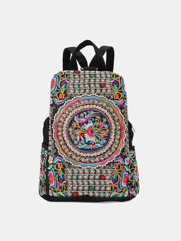 Women National Style Embroidery Zipper Creative Backpack Flower Bag Satchel