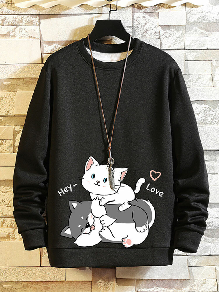 Mens Cute Cartoon Cat Print Crew Neck Pullover Sweatshirts Winter