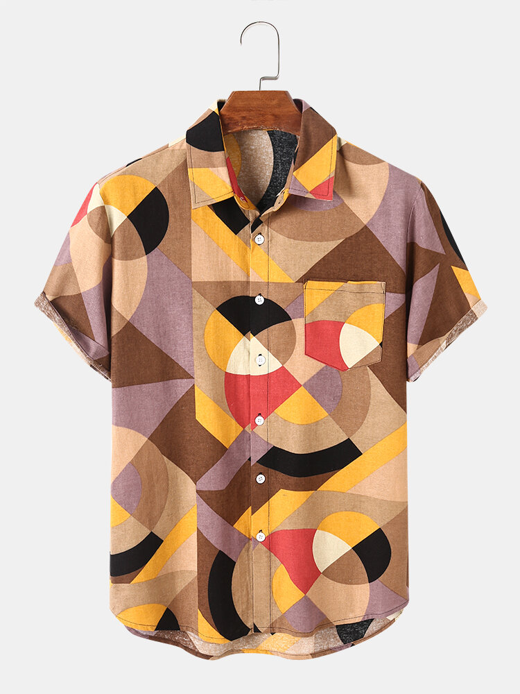 Mens Multi Color Geometric Printed Cotton Casual Short Sleeve Shirts