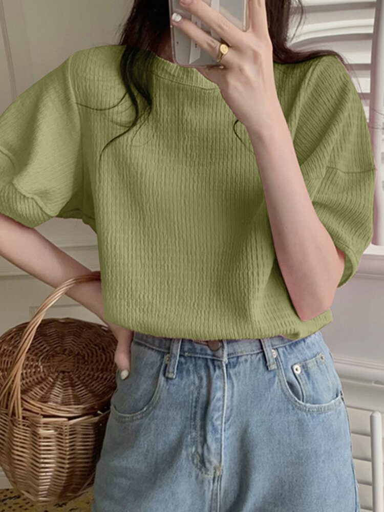 Puff Sleeve Solid Textured Crew Neck Casual Blouse