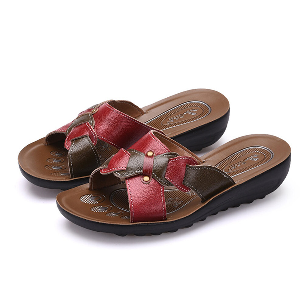 Bow Leather Button Flat Sandals