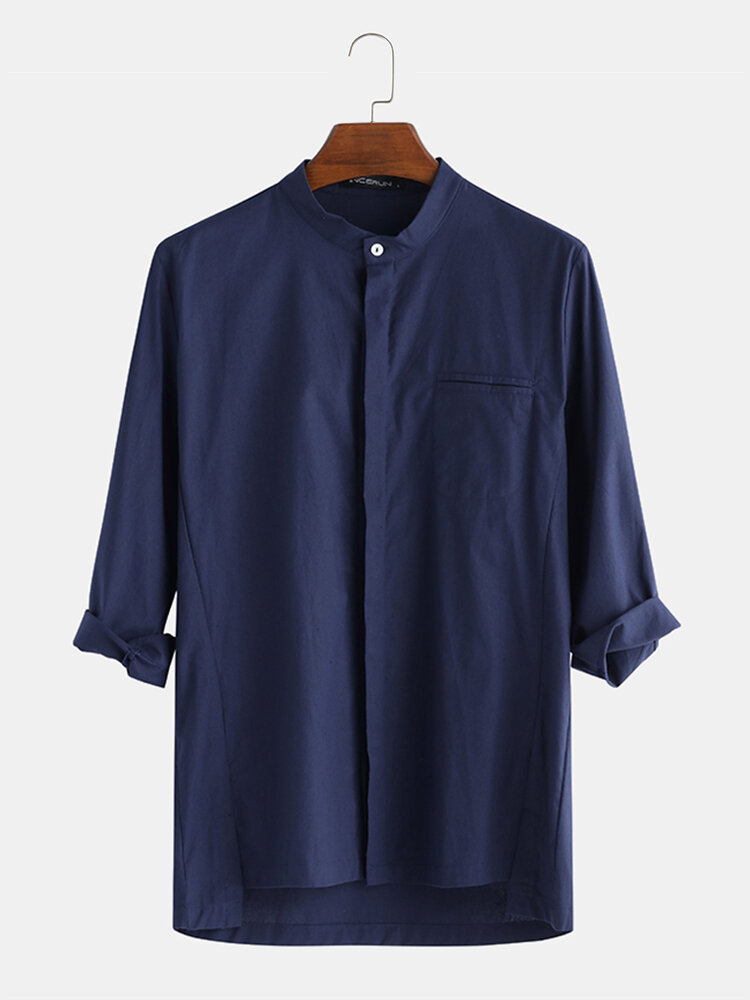 Mens Cotton Linen Casual Solid Plain 3/4 Sleeve Shirt