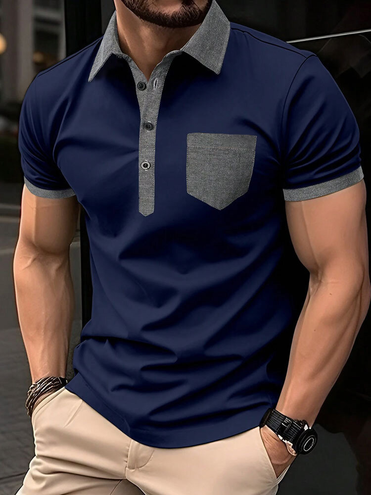 

Mens Patchwork Chest Pocket Casual Short Sleeve Golf Shirts, Dark blue