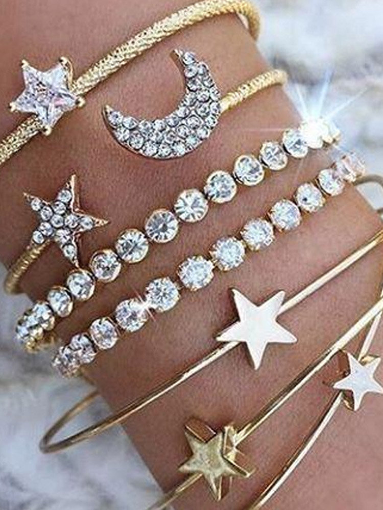 Bracelet ajustable en strass de lune en métal bohème Coeur de pêche géométrique Bracelet multicouche en étoile à cinq branches
