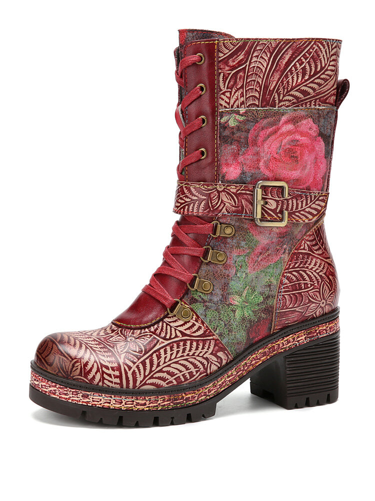 Socofy Retro Floral Print Leather Side-zip Comfy Warm Lining Chunky Heel Mid Calf Boots