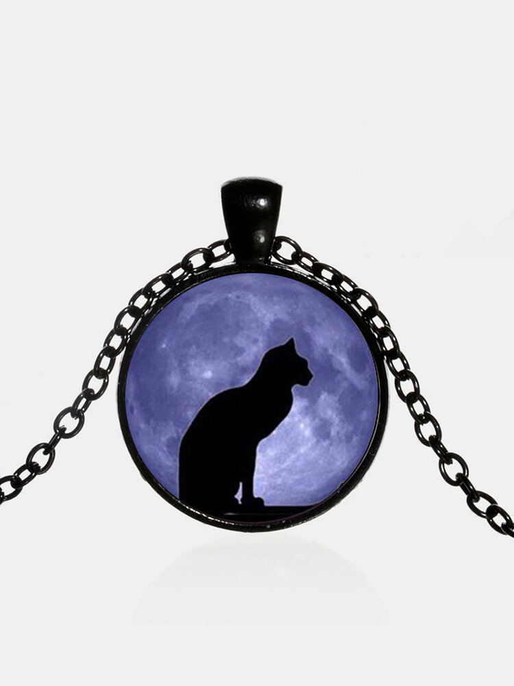Vintage Glass Printed Women Necklace Moon Starry Black Cat Luminous Pendant Necklace Jewelry Gift