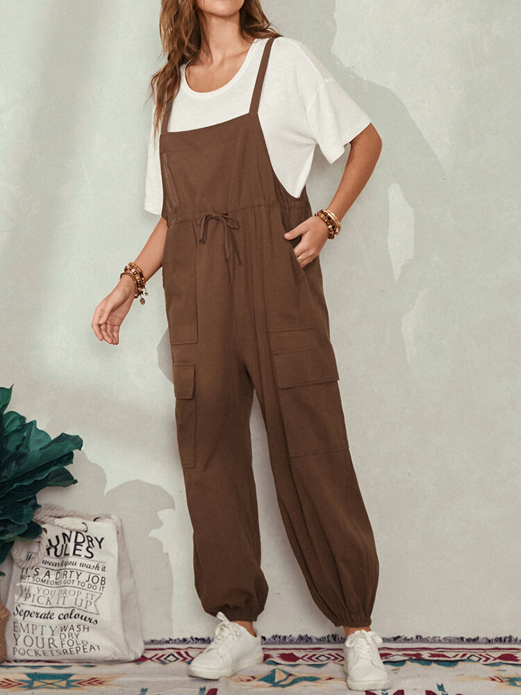 

Solid Color Straps Knotted Plus Size Loose Jumpsuit with Pockets, Coffee