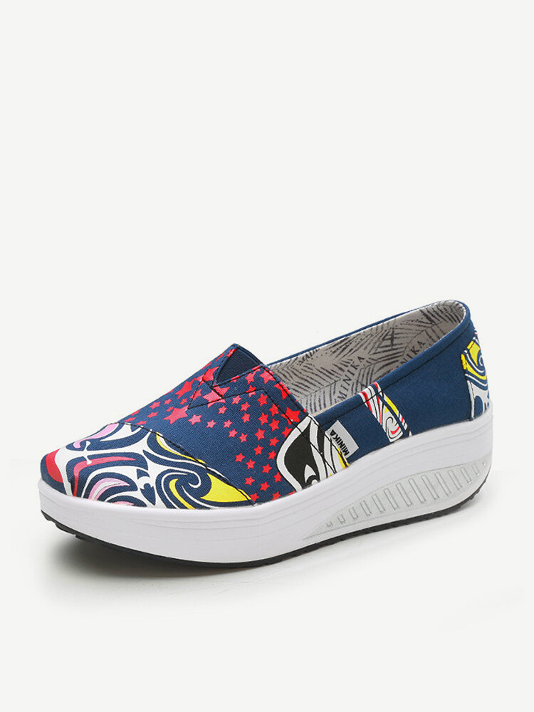 Pattern Canvas Rocker Sole Casual Slip On Platform Shoes