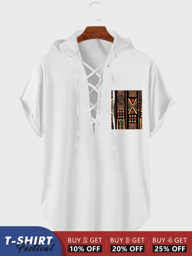 

Mens Ethnic Geometric Print Lace-Up Curved Hem Hooded T-Shirts, White