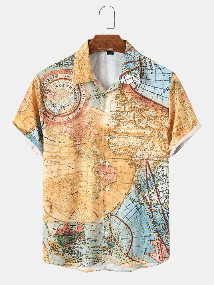 Mens Vintage World Map Print Button Up Short Sleeve Shirts