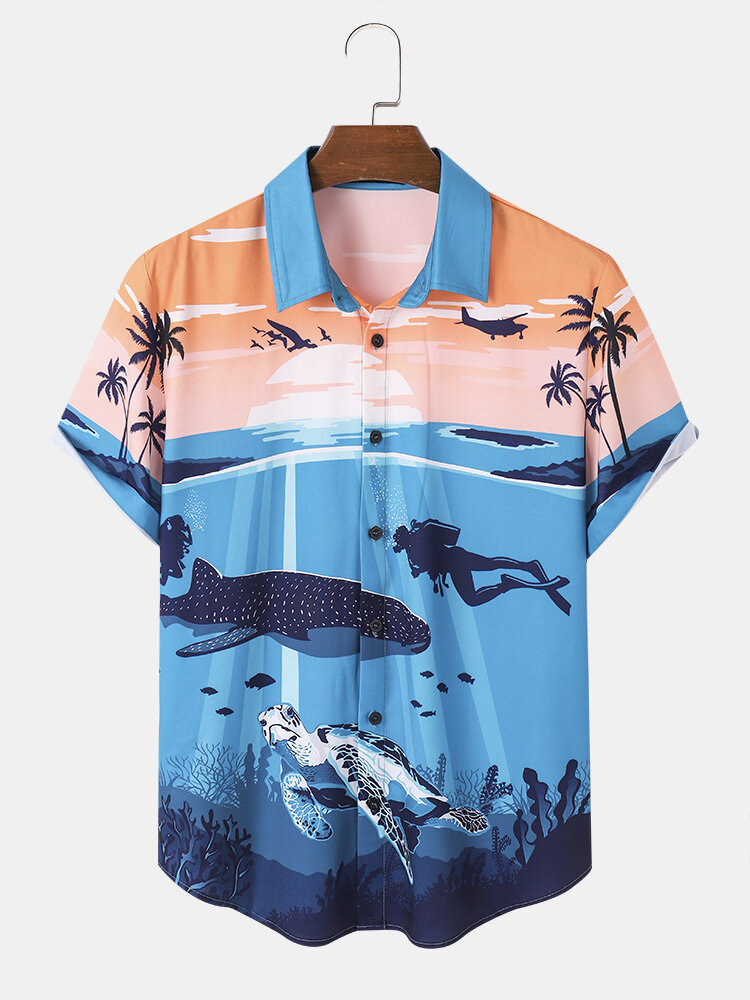 

Mens Sea Landscape Print Lapel Short Sleeve Shirts, Blue