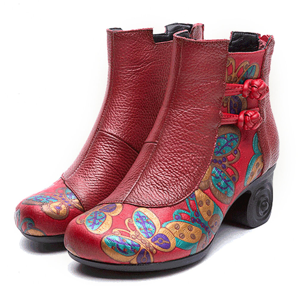Women Retro Handmade Genuine Leather Flower Chunky Heel Boots