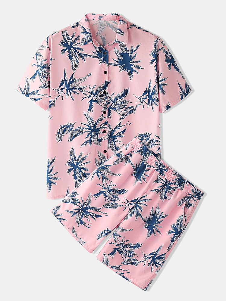 Mens Pink Hawaiian Tropical Print Beach Short Sleeve Swim Vacation Outfits sets Two Pieces Beachwear