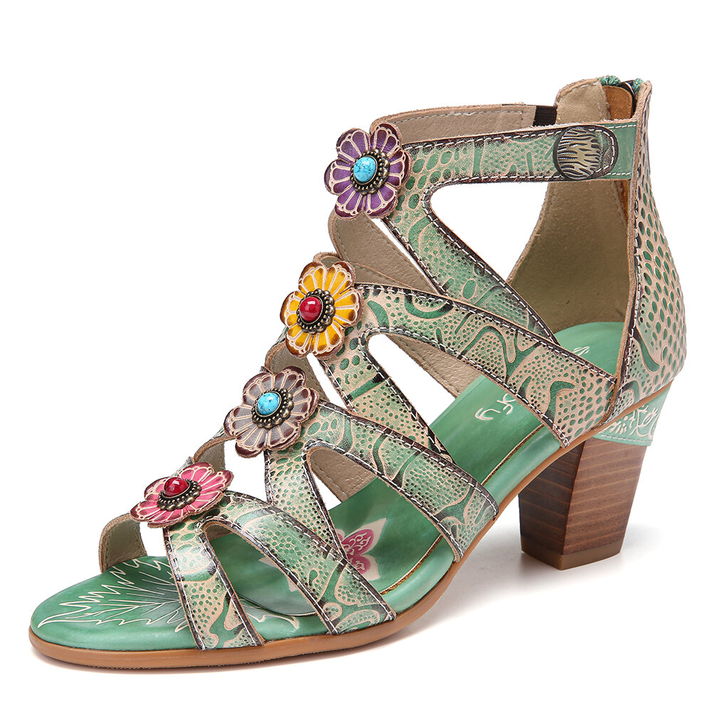 SOCOFY Bohemia Flower Decro Leather Beading Snake Pattern Block Heel Comfy Heeled Sandals