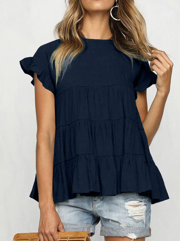 Solid Ruffle Short Sleeve Casual Blouse