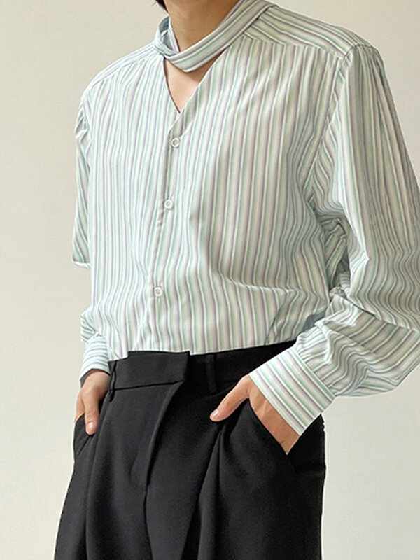 Mens Japan Striped Bowknot Long Sleeve Shirt