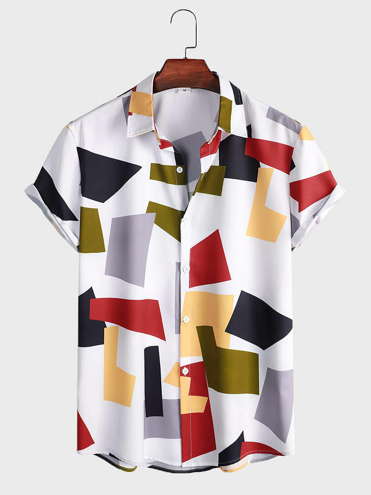 Mens Colorful Geometric Print Button Up Short Sleeve Shirts