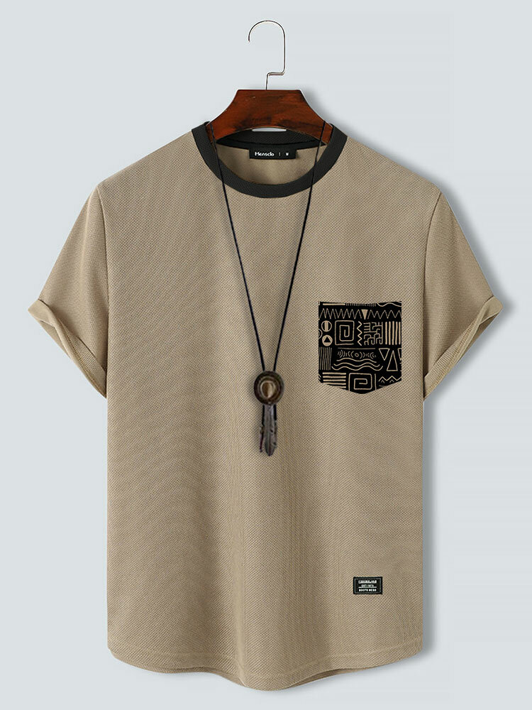 Mens Ethnic Geometric Pattern Pocket Knit Short Sleeve T-Shirts