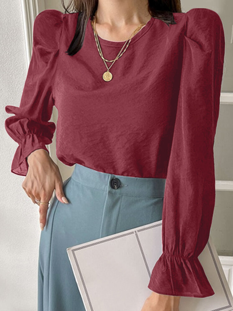 

Solid Long Puff Sleeve Crew Neck Blouse, Black;green;apricot;wine red