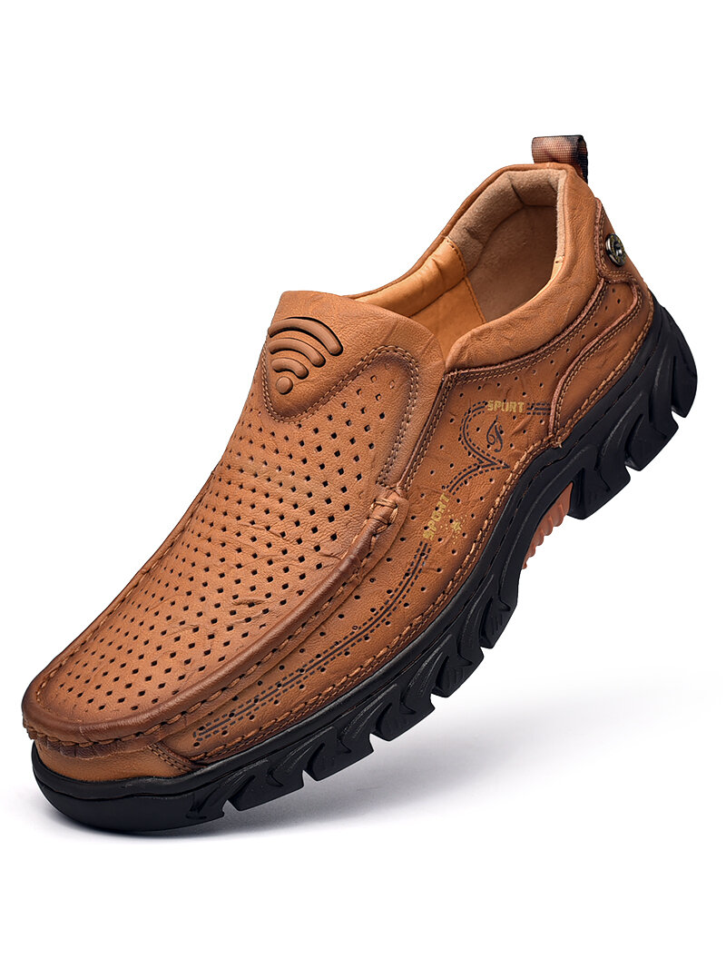 Men Genuine Leather Hole Non Slip Comfy Outdoor Slip On Casual Shoes