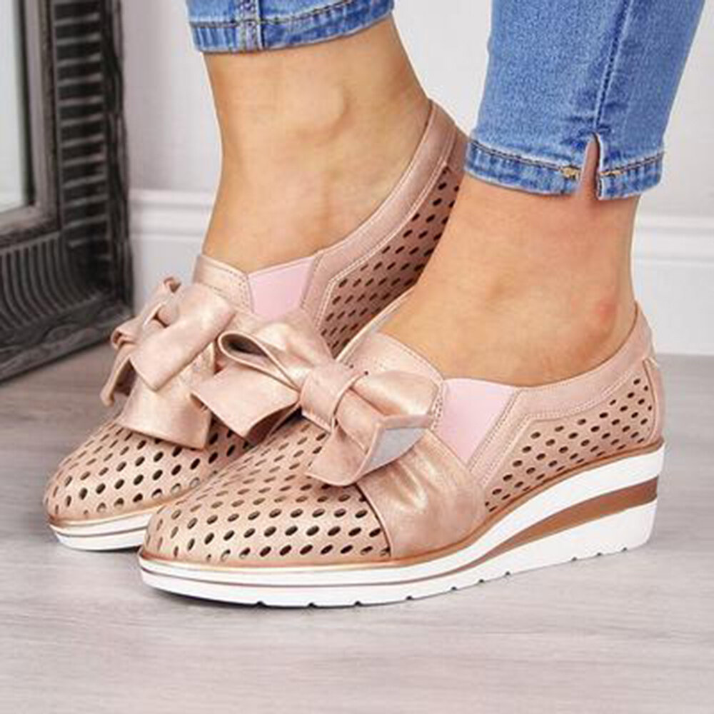 Women Breathable Hollow Butterfly Knot Pointed Toe Wedges Shoes