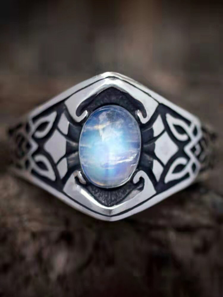 

Vintage Carved Geometric-shaped Inlaid Oval Moonstone Alloy Ring