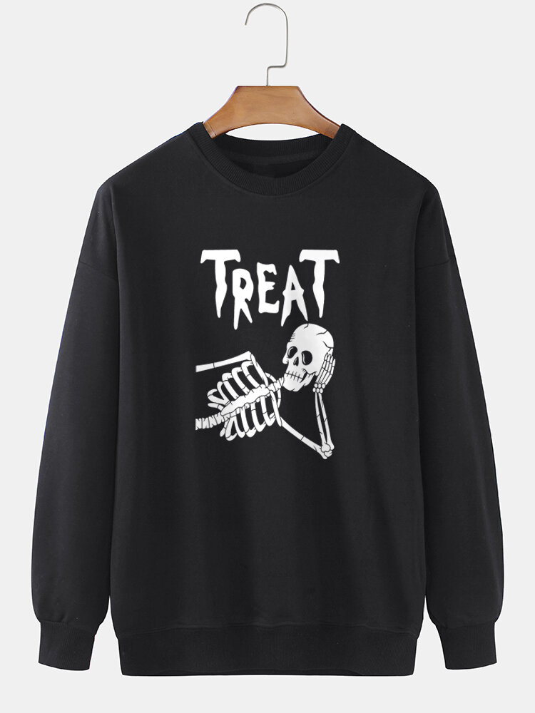 Mens Halloween Skeleton Letter Print Crew Neck Pullover Sweatshirts