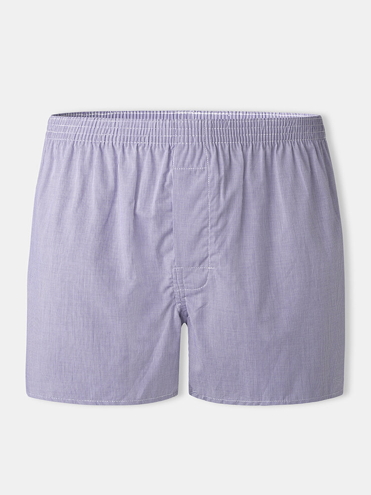 Men Fine Plaid Cotton Underpants Home Lounge Boxer Briefs With Button Crotch