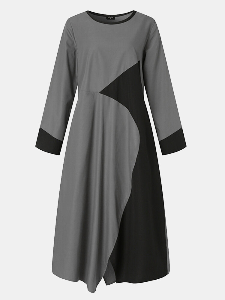Women Contrast Color O-neck Patchwork Long Sleeve Pocket Casual Dress