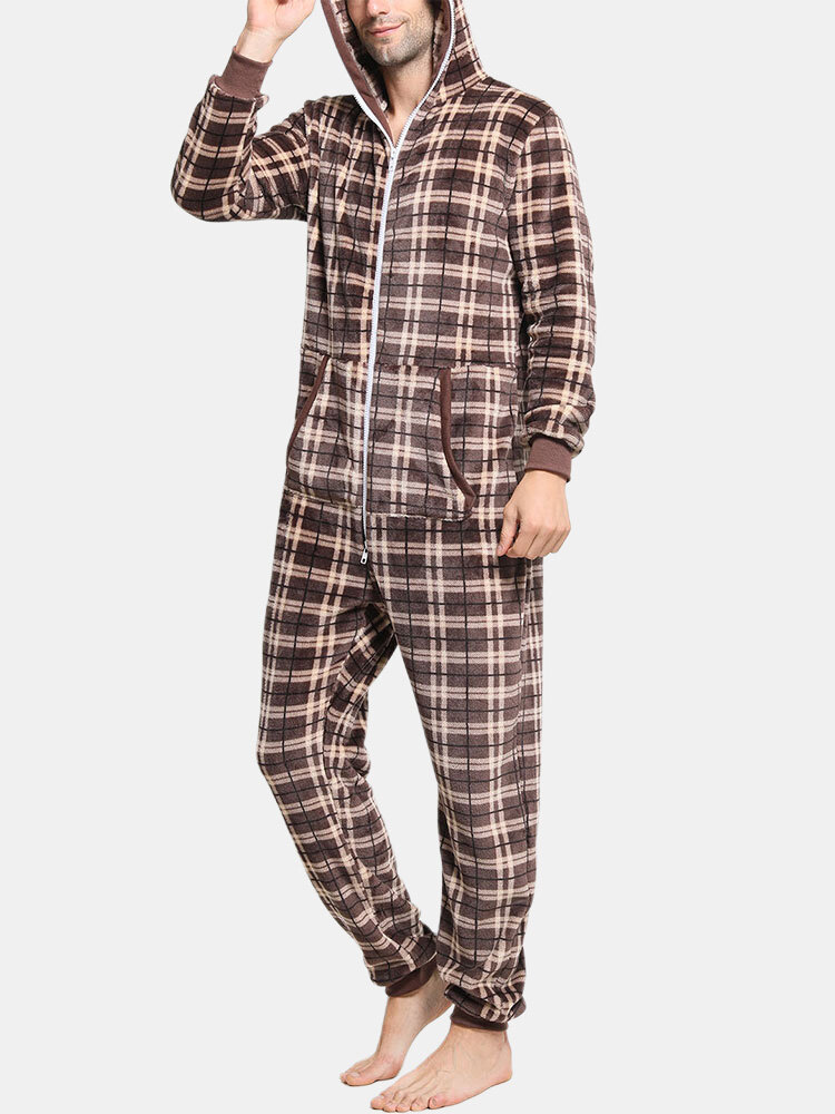 Men Plaid Flannel Thicken Jumpsuit Loungewear Home Loose Hooded Pajamas