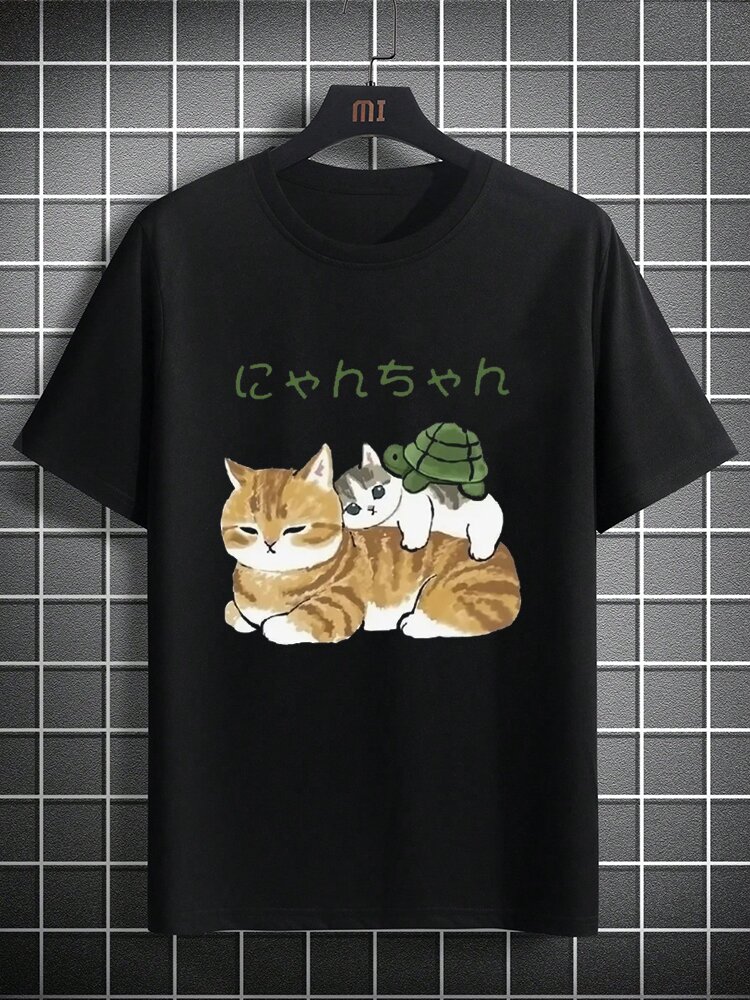 

Mens Japanese Cartoon Cat Turtle Print Crew Neck Short Sleeve T-Shirts Winter, Black