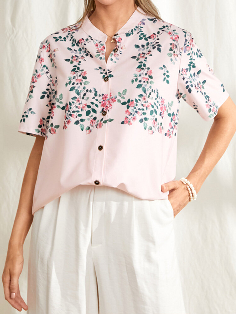 Newchic x Olga Diatlova Floral Print Buttons Short Sleeves Casual Shirt for Women