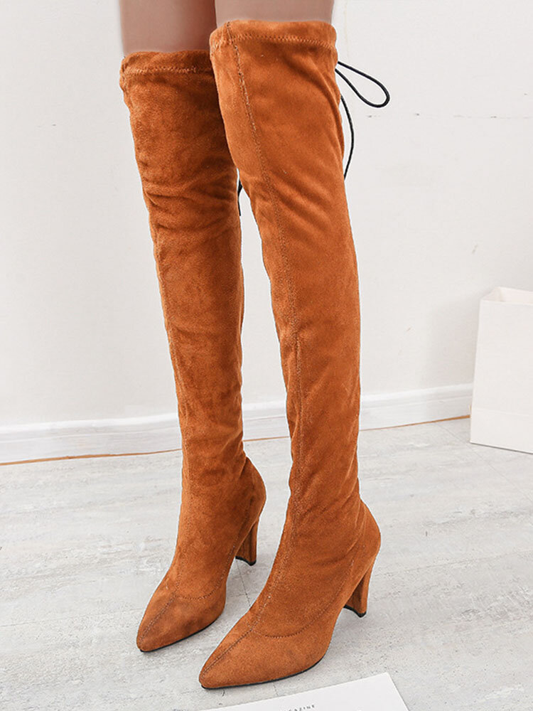 Large Size Women Fashion Casual Solid Color Suede Pointed Toe High Heel Over The Knee Boots