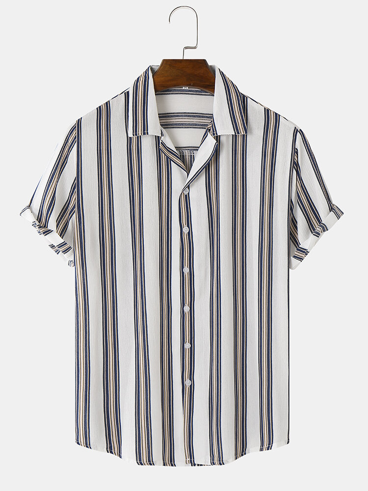 Men Striped Print Hawaiian Short Sleeve Leisure Shirts