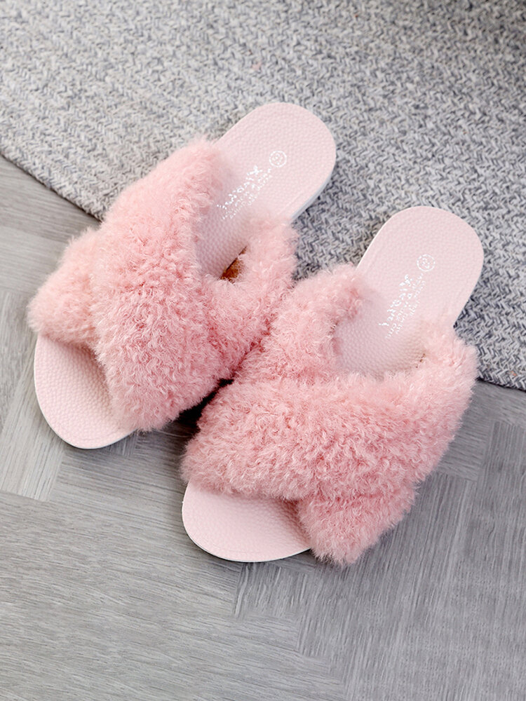 Women Plush Cross Band Indoor Comfy Slip Resistant Home Shoes от Newchic WW