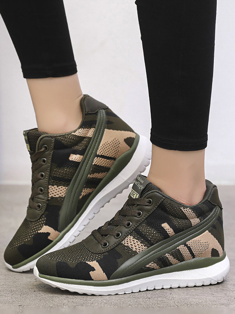 Comfy Mesh Lace Up Front Camouflage Hidden Heel High Top Sneakers