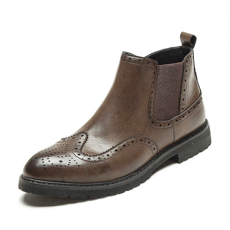 Men Brogue Carved Elastic Band Slip On Casual Chelsea Boots