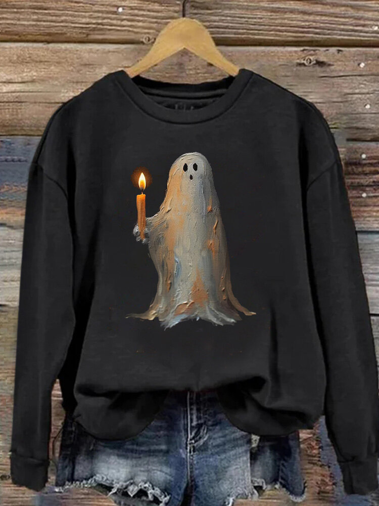 

Women Halloween Ghost Candle Print Crew Neck Pullover Sweatshirt, Black