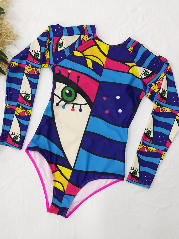 Women Long Sleeve One Piece Graffiti Abstract Print Patchwork High Neck Slimming Surfing Swimsuit