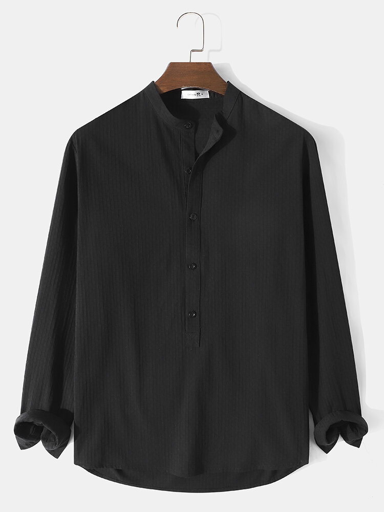 

Mens Texture Plain Solid 100% Cotton Long Sleeve Henley Shirts, Black