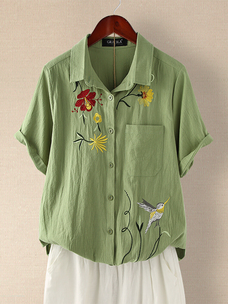 Vintage Embroidery Floral Short Sleeve Casual Button Blouse