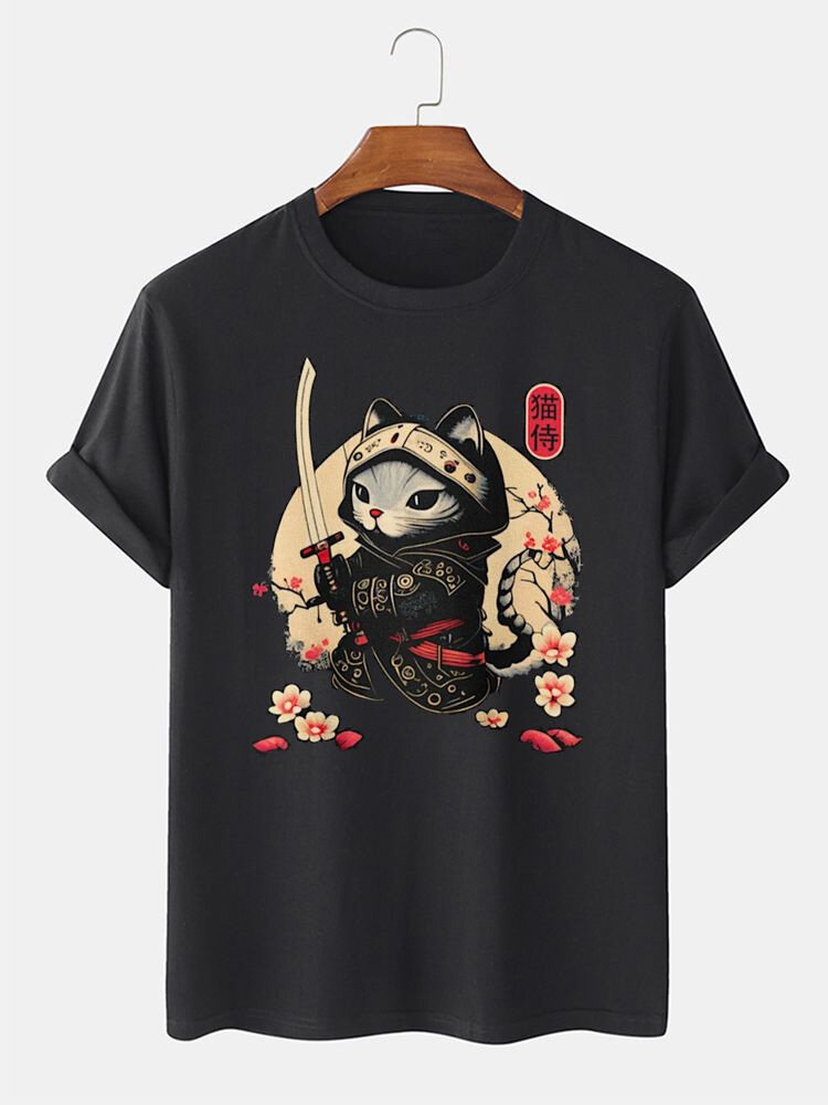 Mens Japanese Warrior Cat Floral Print Short Sleeve T-Shirts Winter