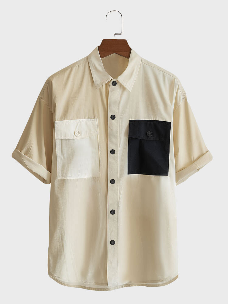 Camicie da uomo a maniche corte con colletto con risvolto e tasca patchwork