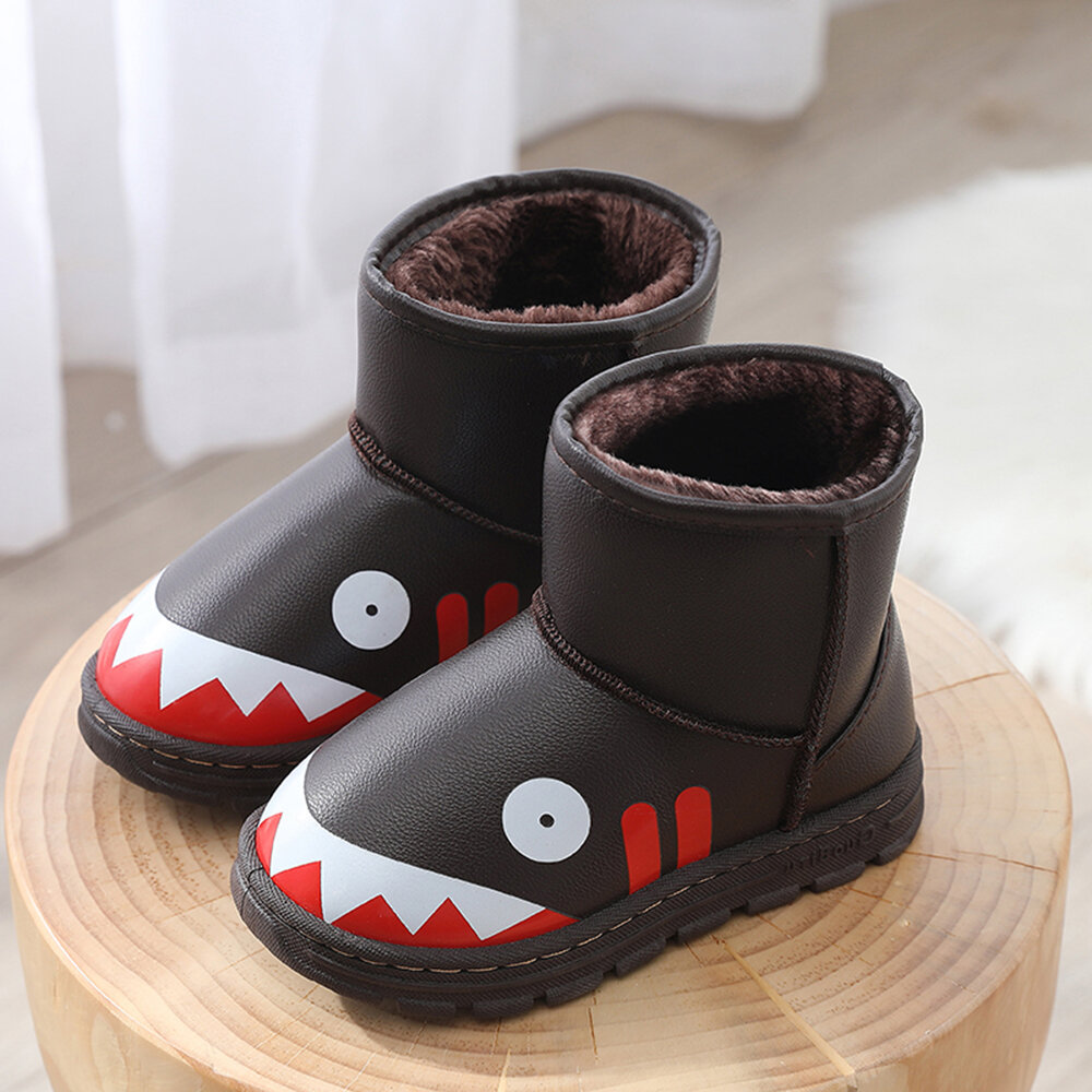 

Unisex Kids Cute Shark Pattern Warm Plush Lining Slip On Snow Boots, Black;gray;brown