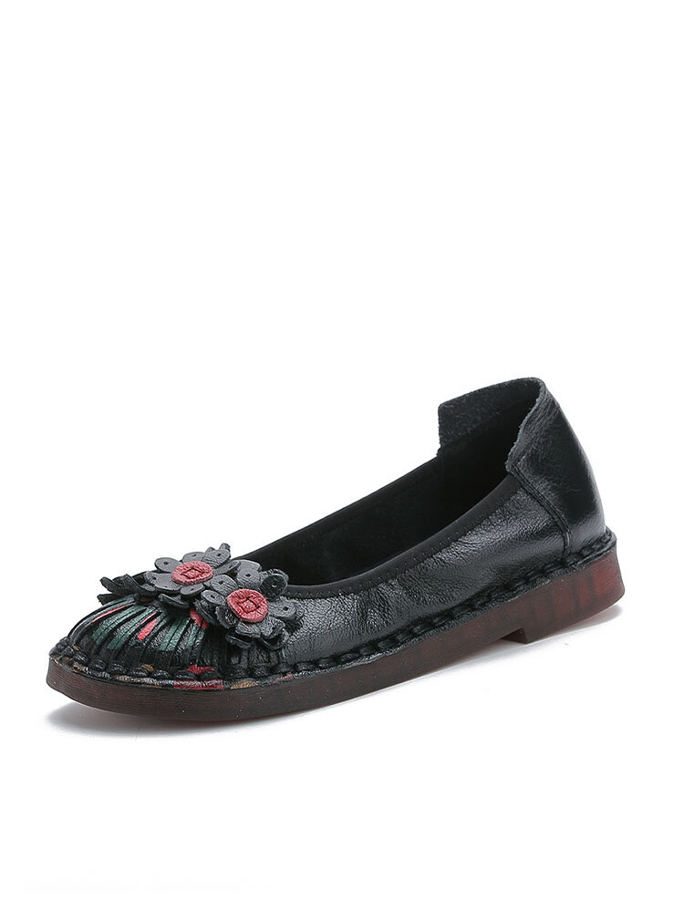Socofy Genuine Leather Handmade Stitching Casual Slip-On Soft Comfy Retro Ethnic Floral Flat Shoes